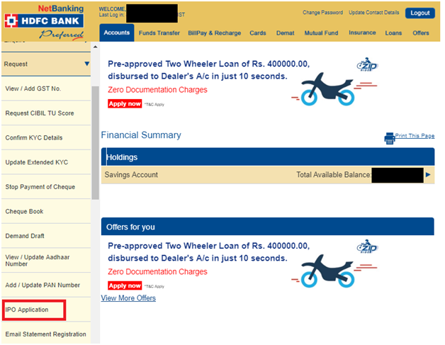 Edit IPO application details in HDFC bank Demo 2