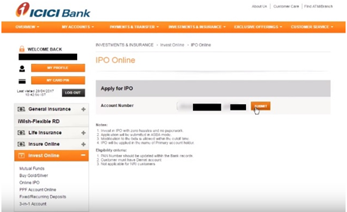 Withdraw an IPO applied using ICICI netbanking Demo 4