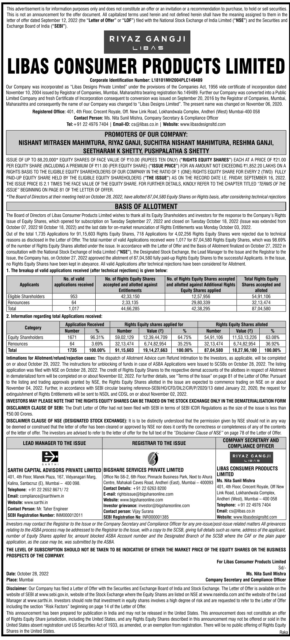 Libas Consumer Products Limited RI Basis of Allotment