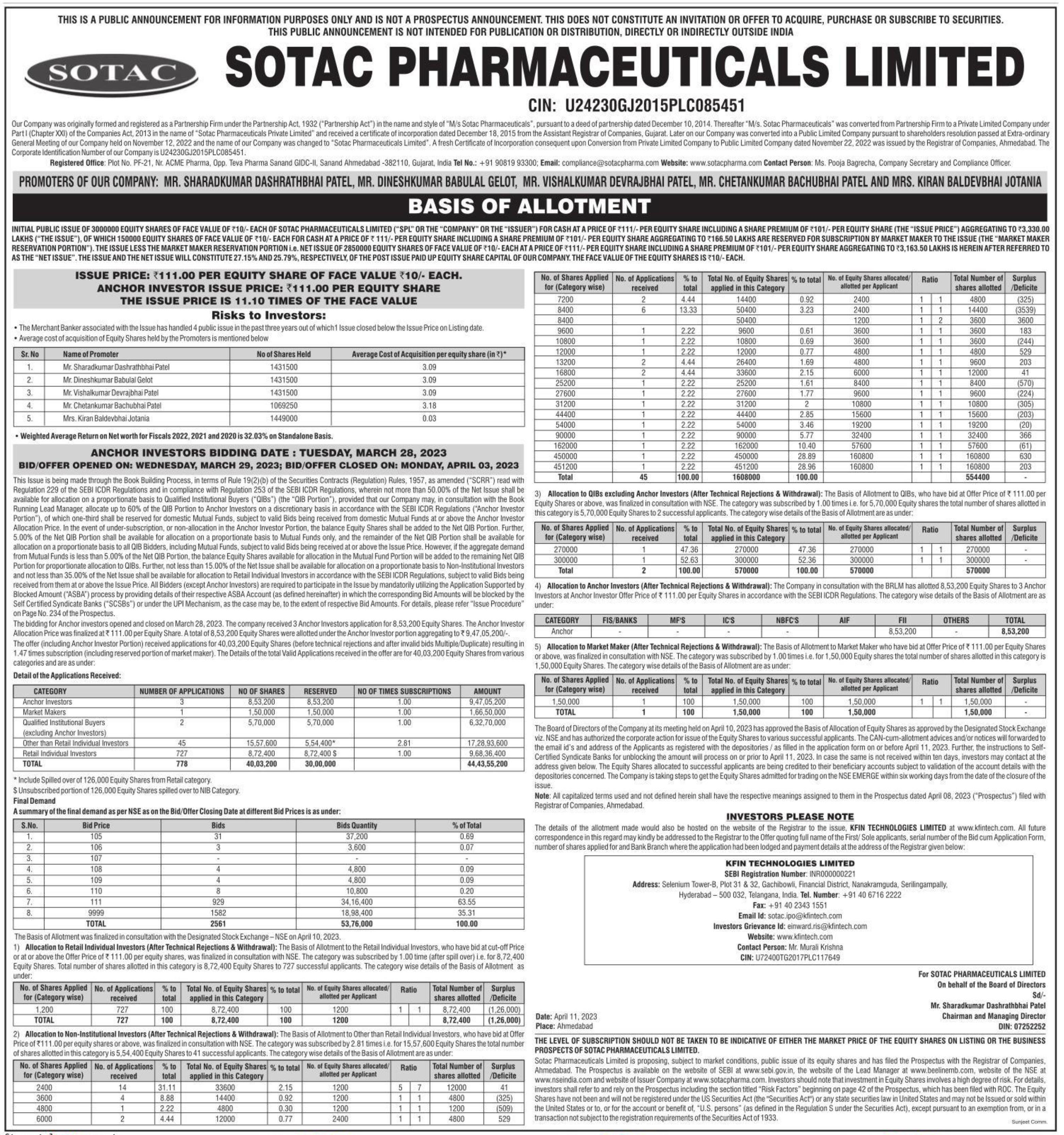 Sotac Pharmaceuticals Limited IPO Basis of Allotment
