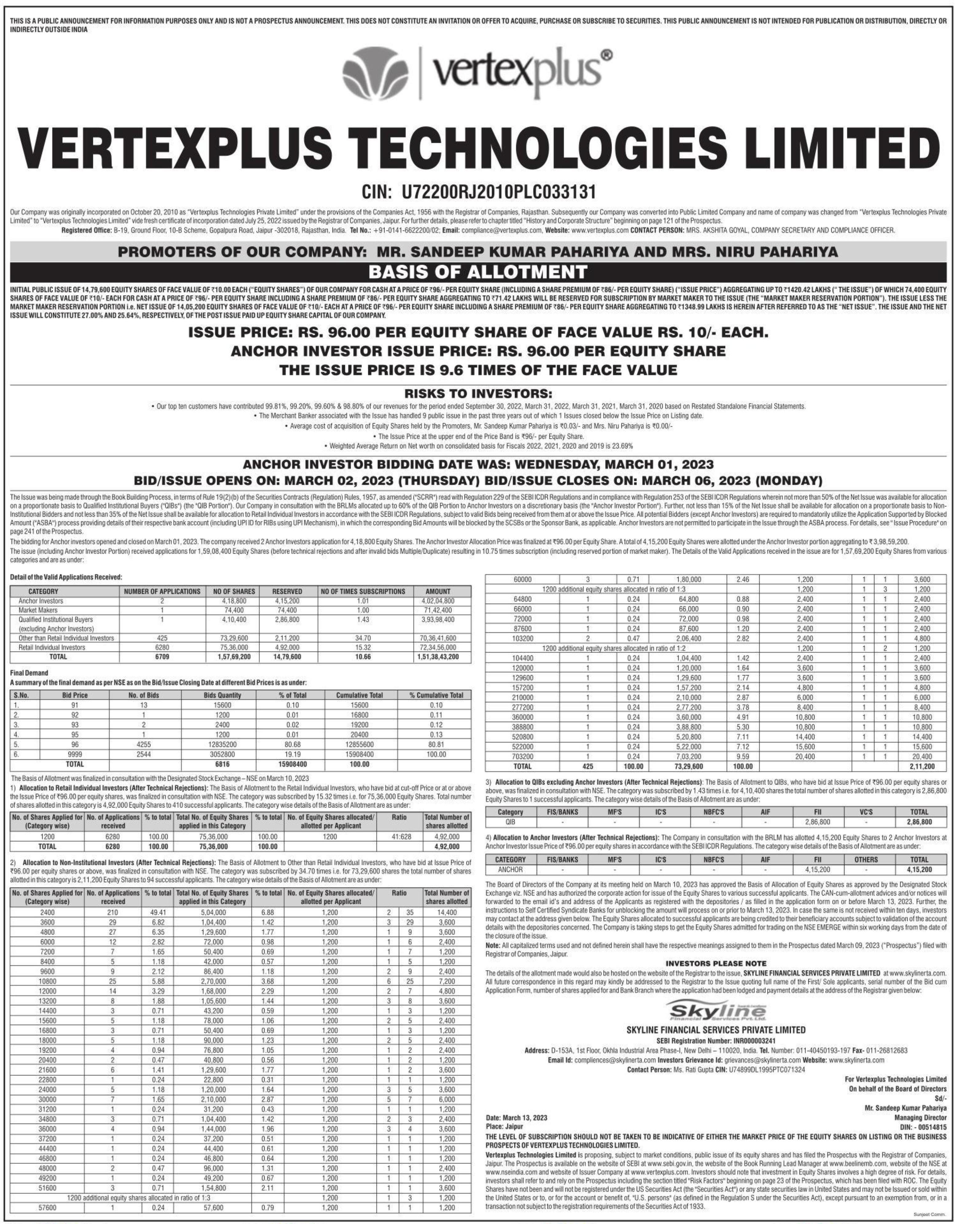 Vertexplus Technologies Limited IPO Basis of Allotment