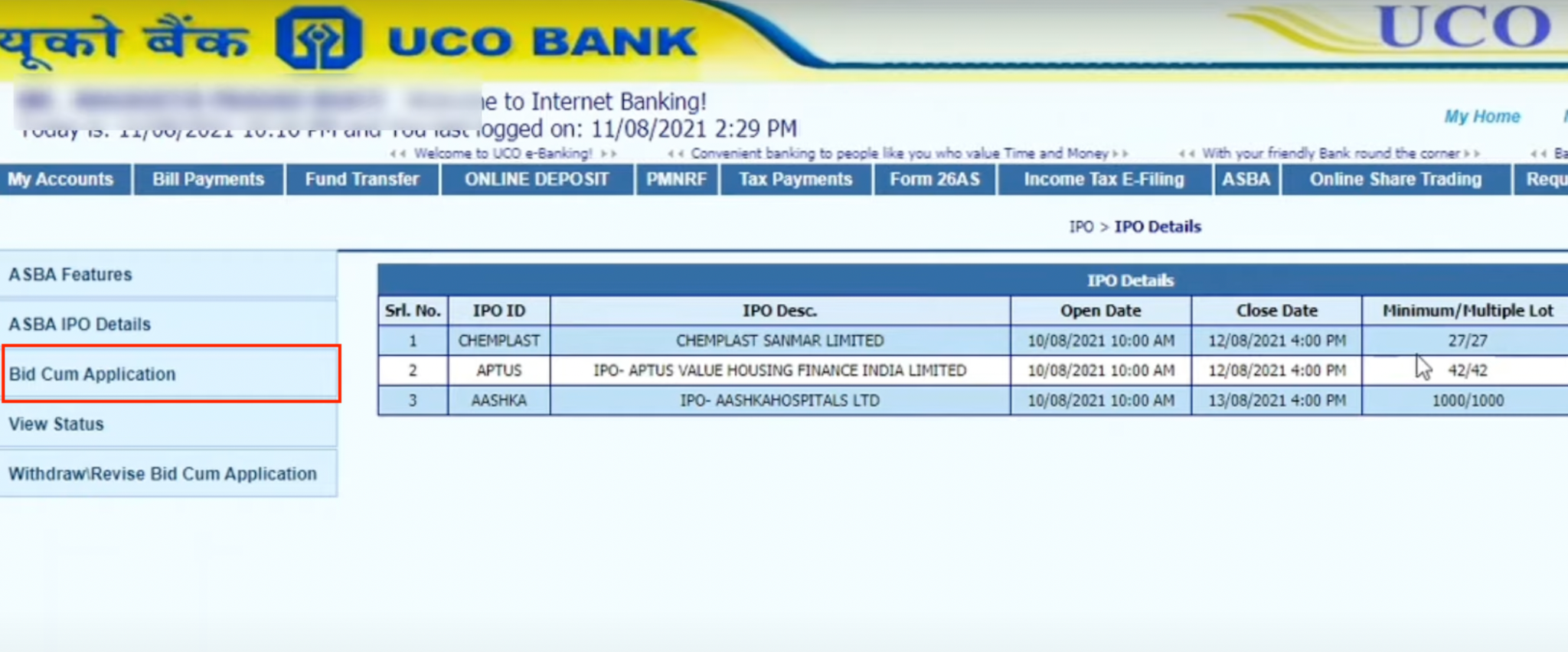 UCO Bank IPO Application Demo 3