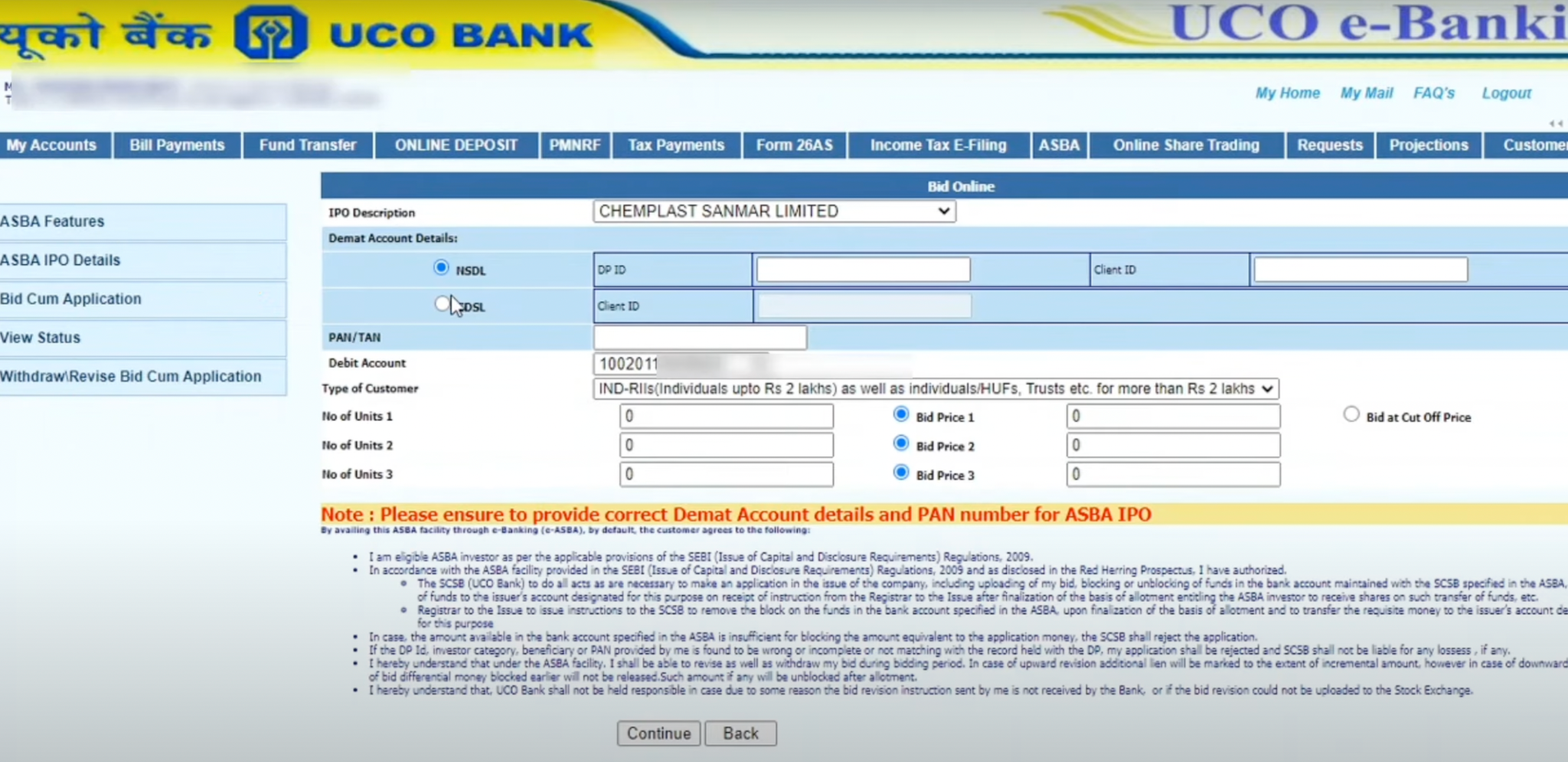 UCO Bank IPO Application Demo 4