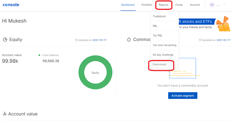 Download Zerodha Contract Note from Console 1